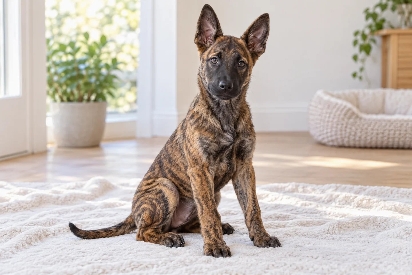 Short-haired golden-brindle Dutch Shepherd with dark mask, erect natural ears and long tail young dog in a quiet indoor setting