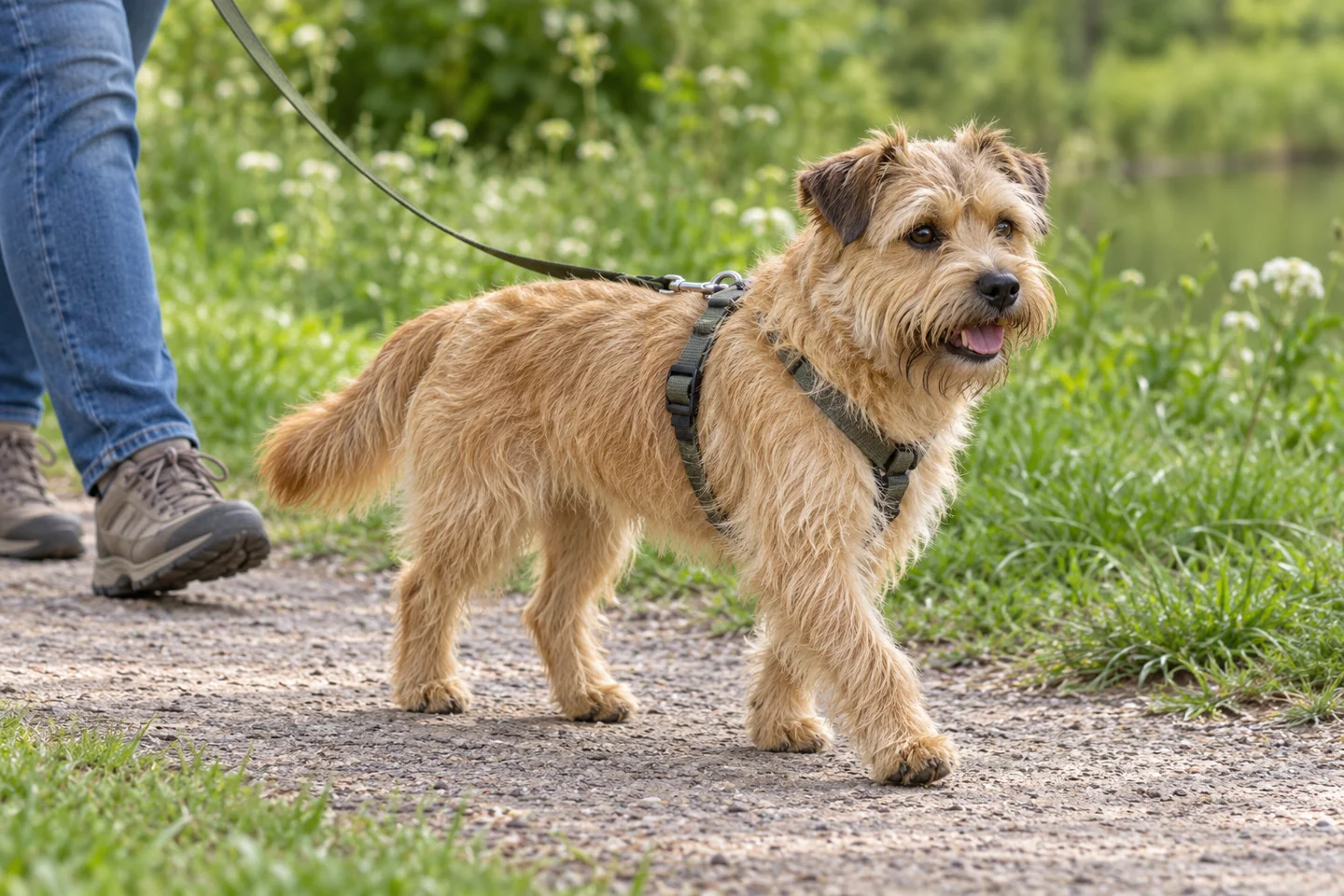 Yellow Dutch Smoushond with harsh shaggy coat, beard, eyebrows, natural drop ears and long tail adult walking in a fitted harness on a loose lead