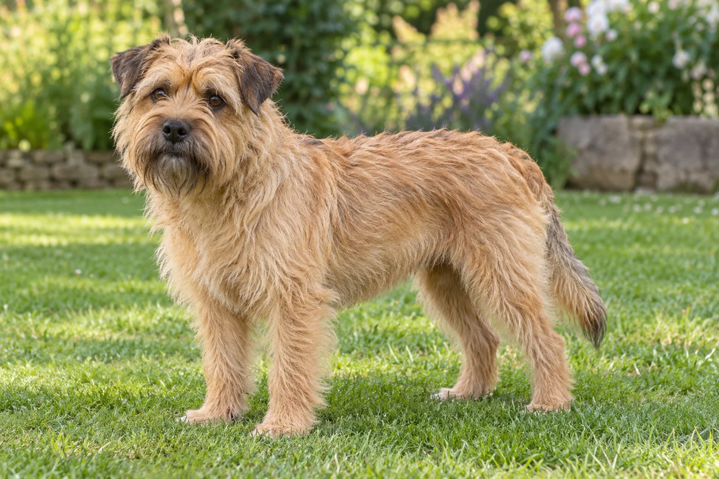 Yellow Dutch Smoushond with harsh shaggy coat, beard, eyebrows, natural drop ears and long tail adult standing in a garden