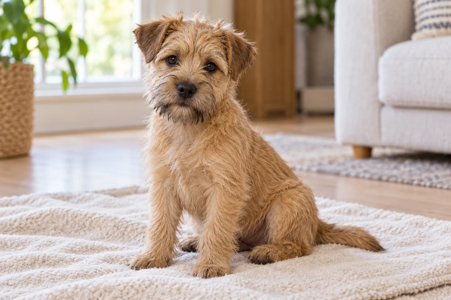 Yellow Dutch Smoushond with harsh shaggy coat, beard, eyebrows, natural drop ears and long tail young dog in a quiet indoor setting
