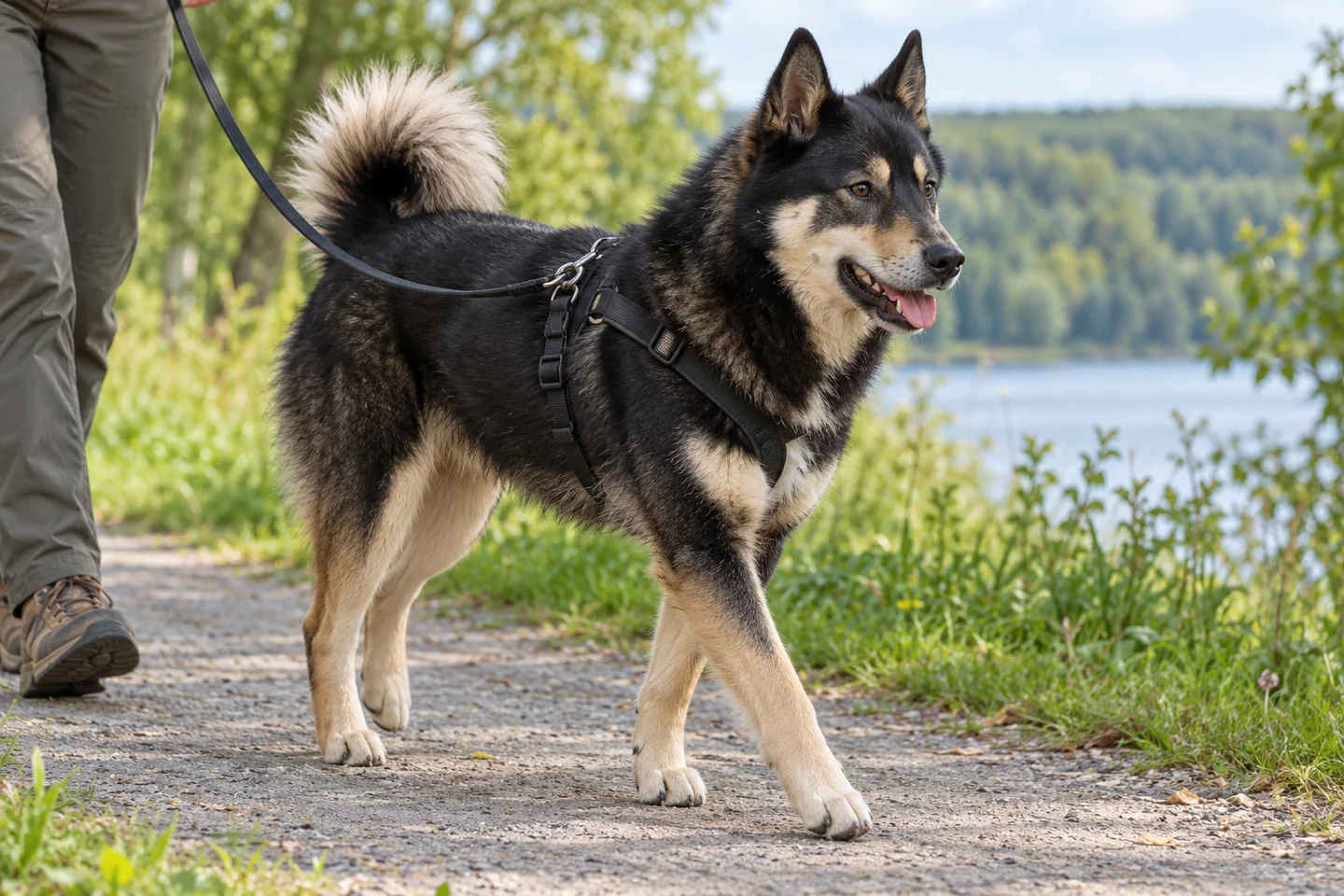 Black-and-tan East Siberian Laika with small white chest marking, brown eyes, erect ears and curled tail adult walking in a fitted harness on a loose lead