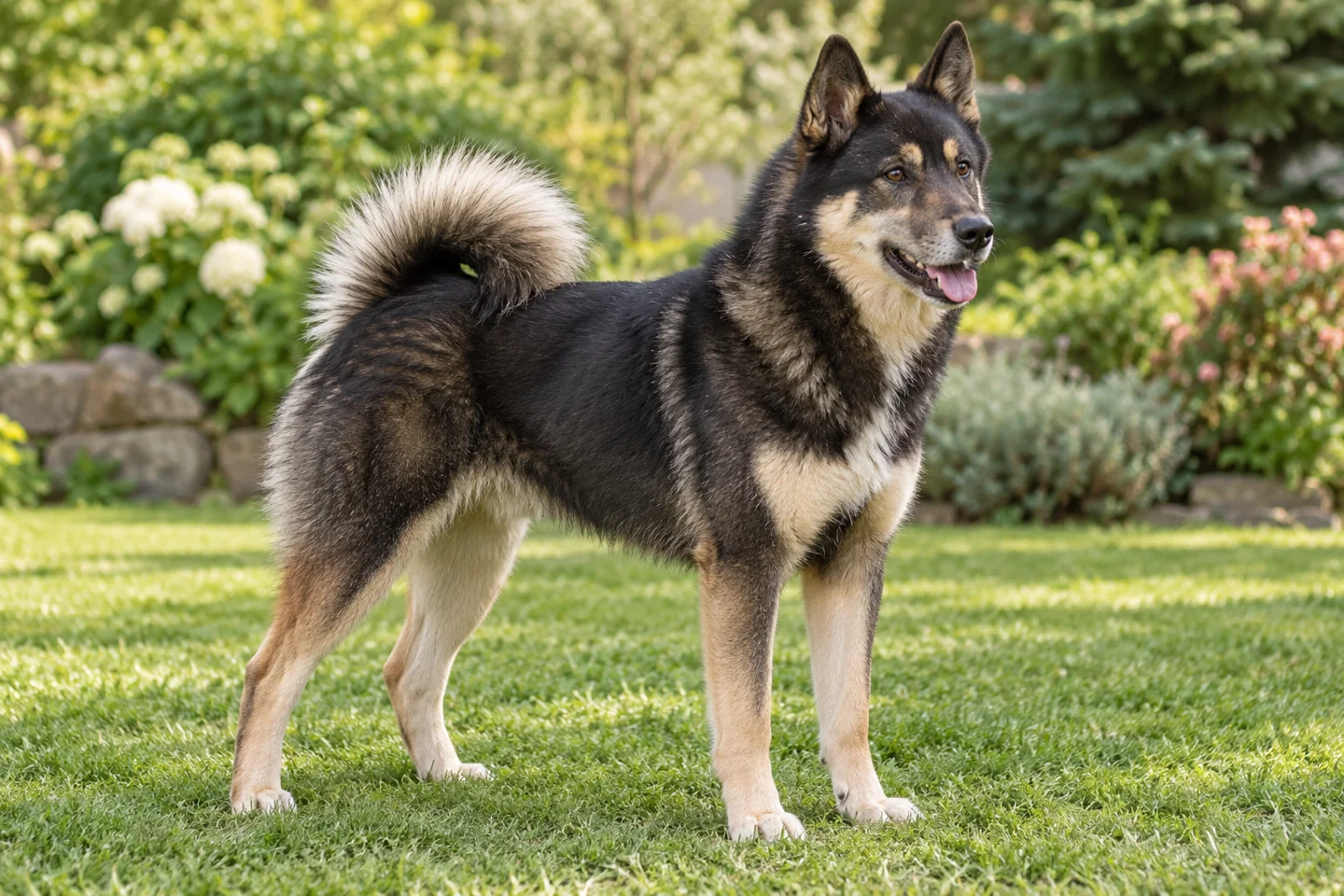 Black-and-tan East Siberian Laika with small white chest marking, brown eyes, erect ears and curled tail adult standing in a garden