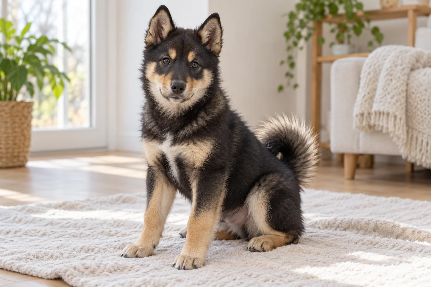 Black-and-tan East Siberian Laika with small white chest marking, brown eyes, erect ears and curled tail young dog in a quiet indoor setting