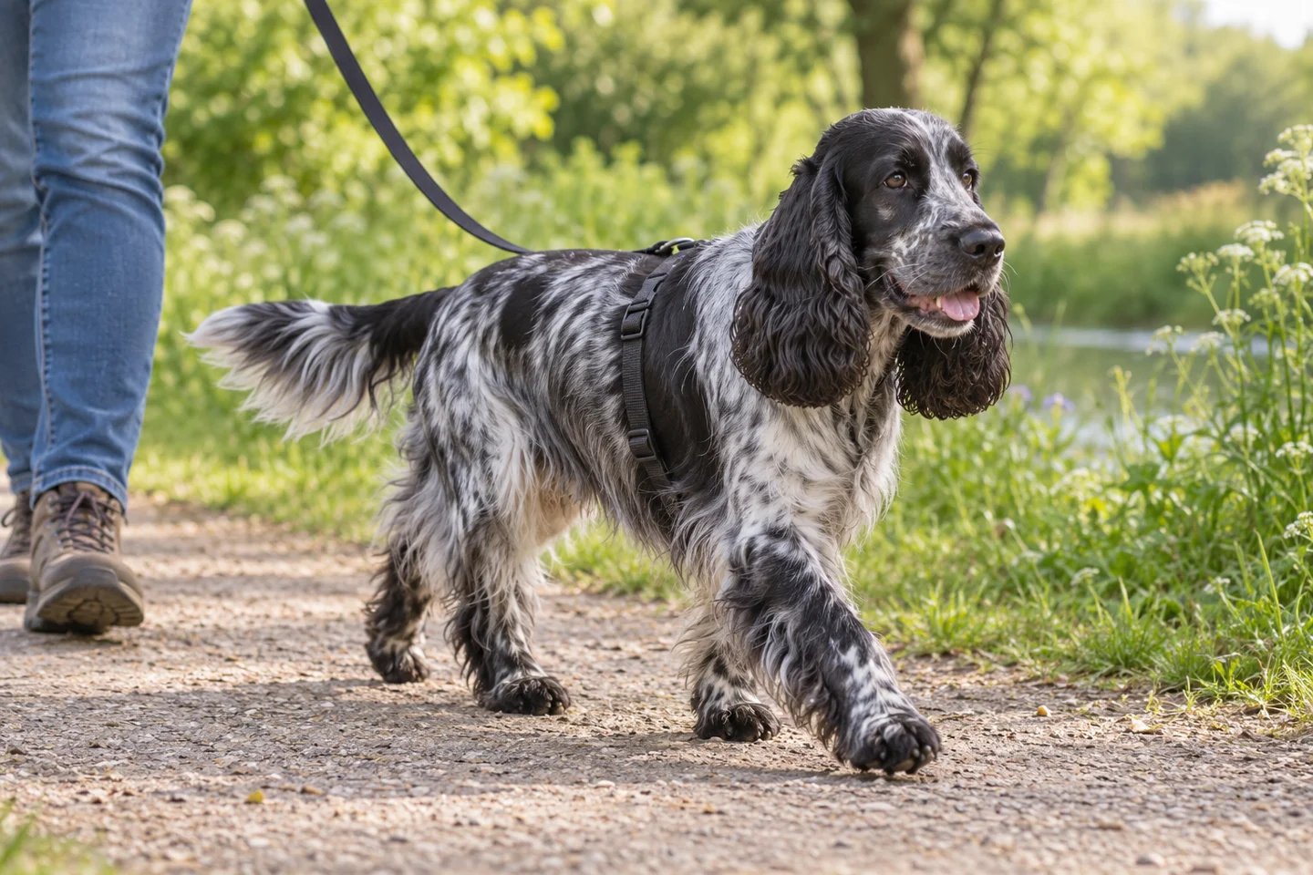 Blue-roan English Cocker Spaniel with long natural feathered tail and long hanging ears adult walking in a fitted harness on a loose lead