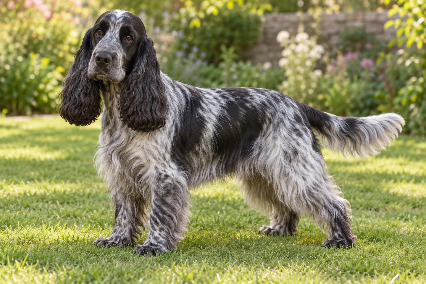 Blue-roan English Cocker Spaniel with long natural feathered tail and long hanging ears adult standing in a garden