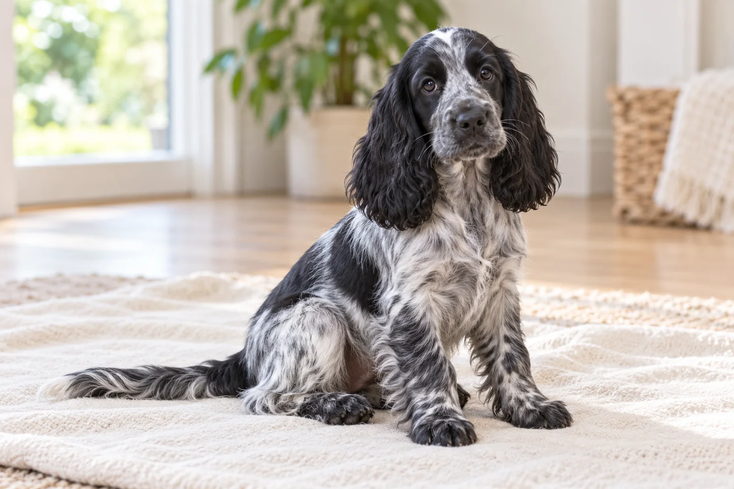 Blue-roan English Cocker Spaniel with long natural feathered tail and long hanging ears young dog in a quiet indoor setting
