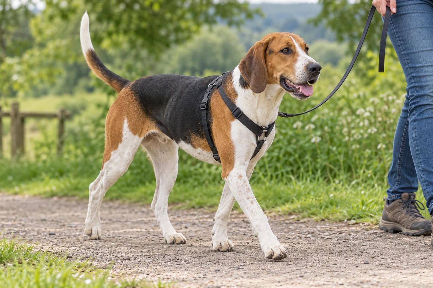 Tricolor English Foxhound with tan head, black saddle, white legs, natural hanging ears and long tail adult walking in a fitted harness on a loose lead