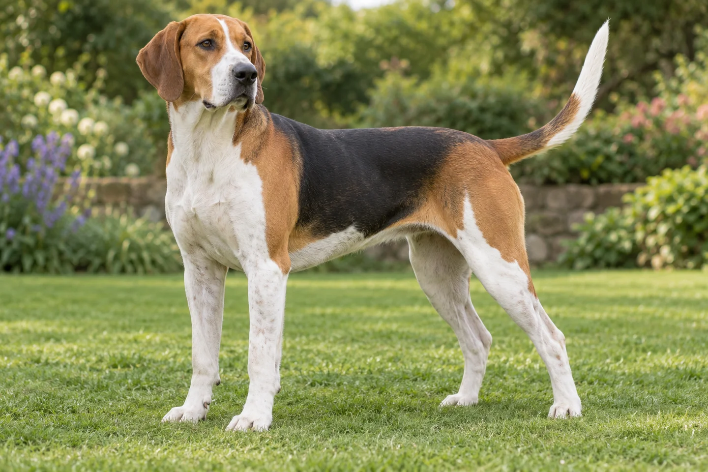 Tricolor English Foxhound with tan head, black saddle, white legs, natural hanging ears and long tail adult standing in a garden