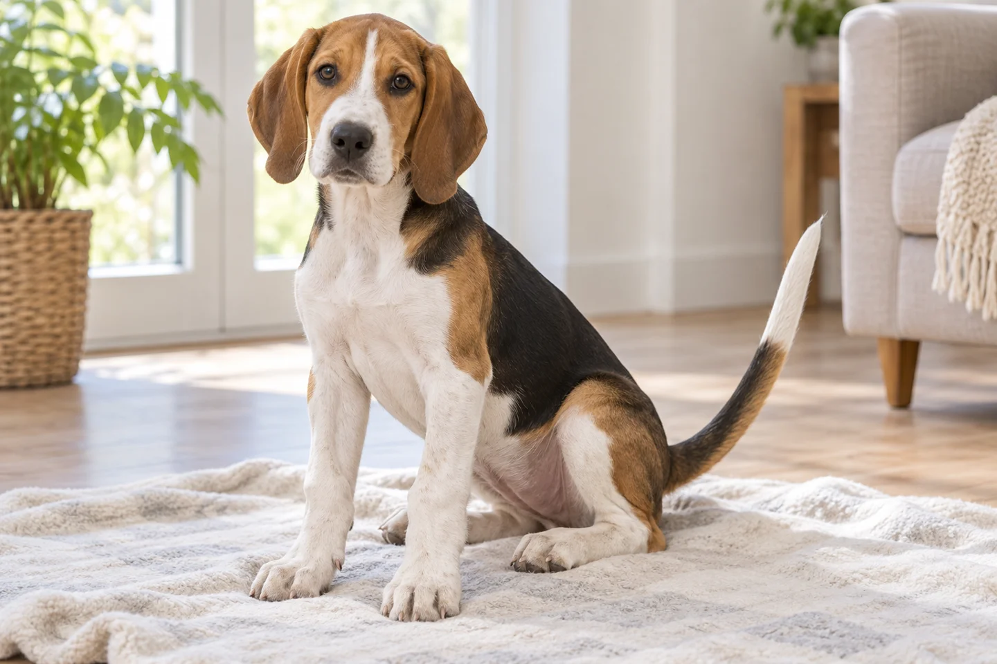 Tricolor English Foxhound with tan head, black saddle, white legs, natural hanging ears and long tail young dog in a quiet indoor setting