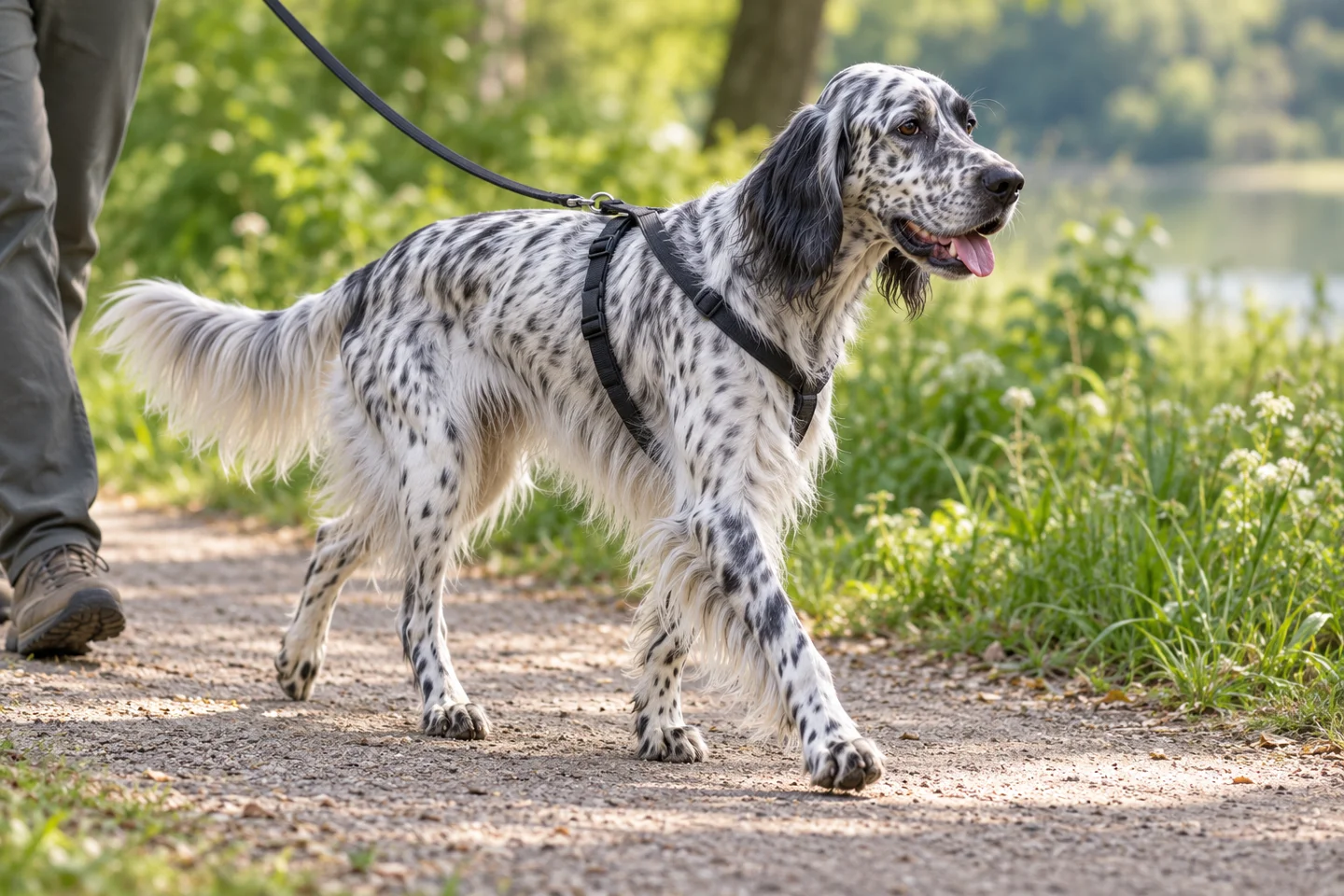 English Setter walking beside an adult handler on a quiet path with natural ears and tail
