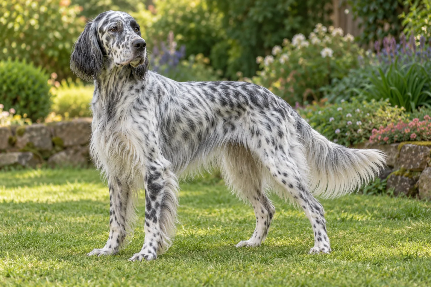 English Setter adult standing on grass with natural ears and tail