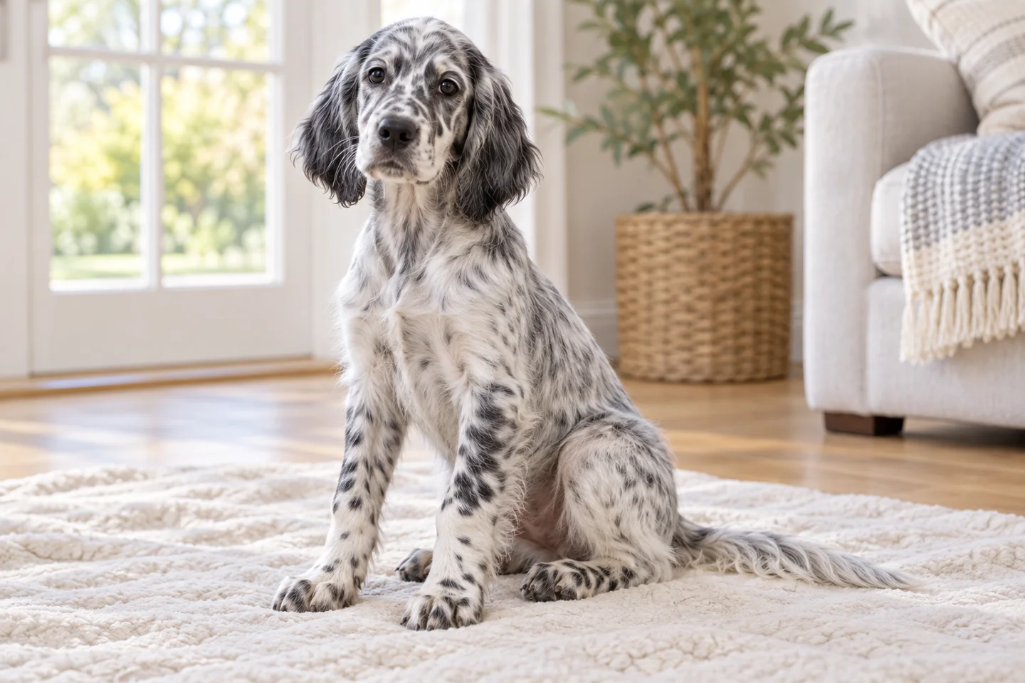 English Setter puppy resting on a blanket with natural ears and tail