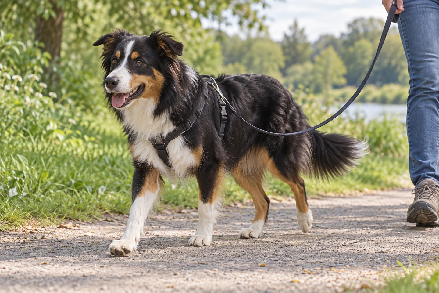 English Shepherd walking beside an adult handler on a quiet path with natural ears and tail