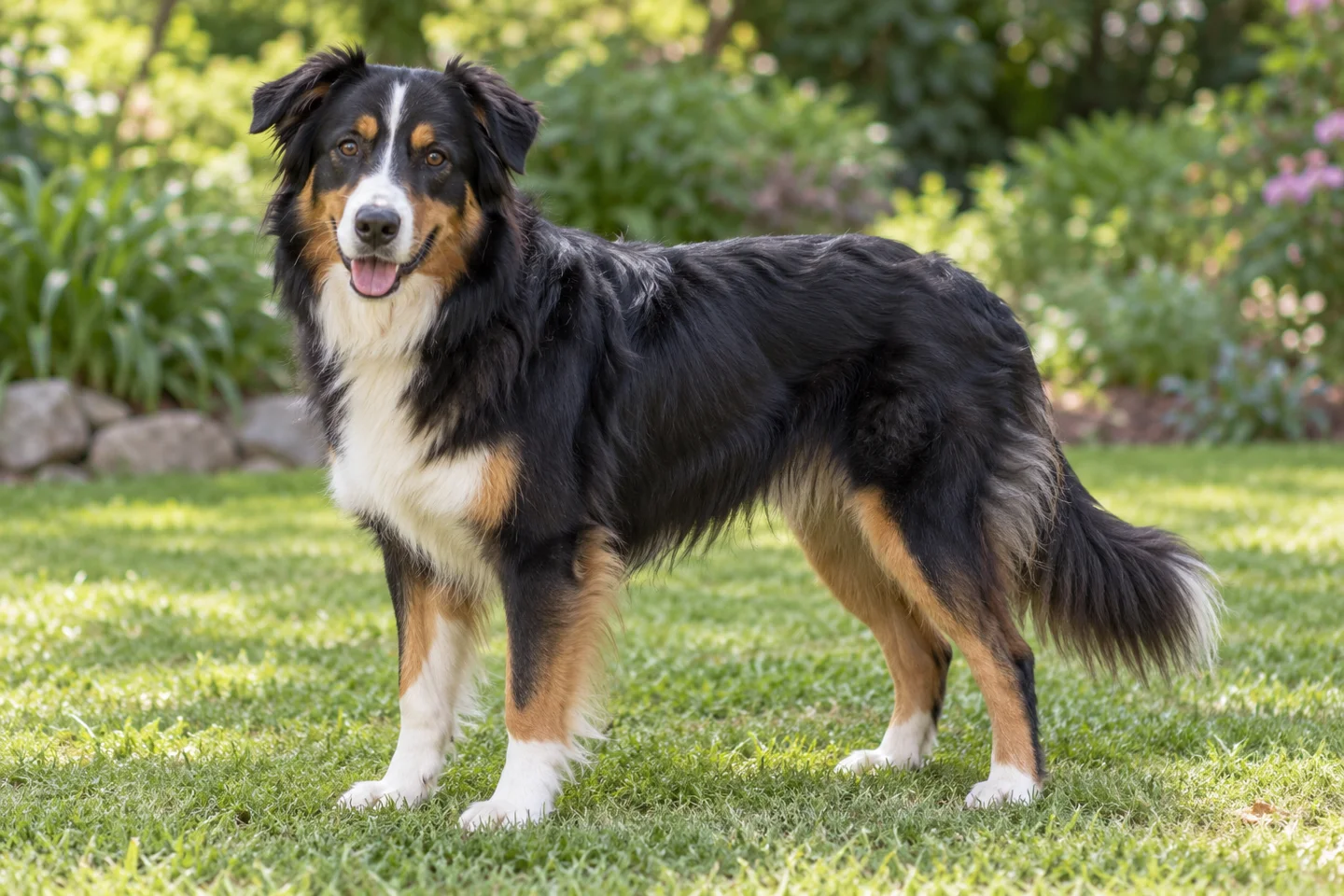 English Shepherd adult standing on grass with natural ears and tail