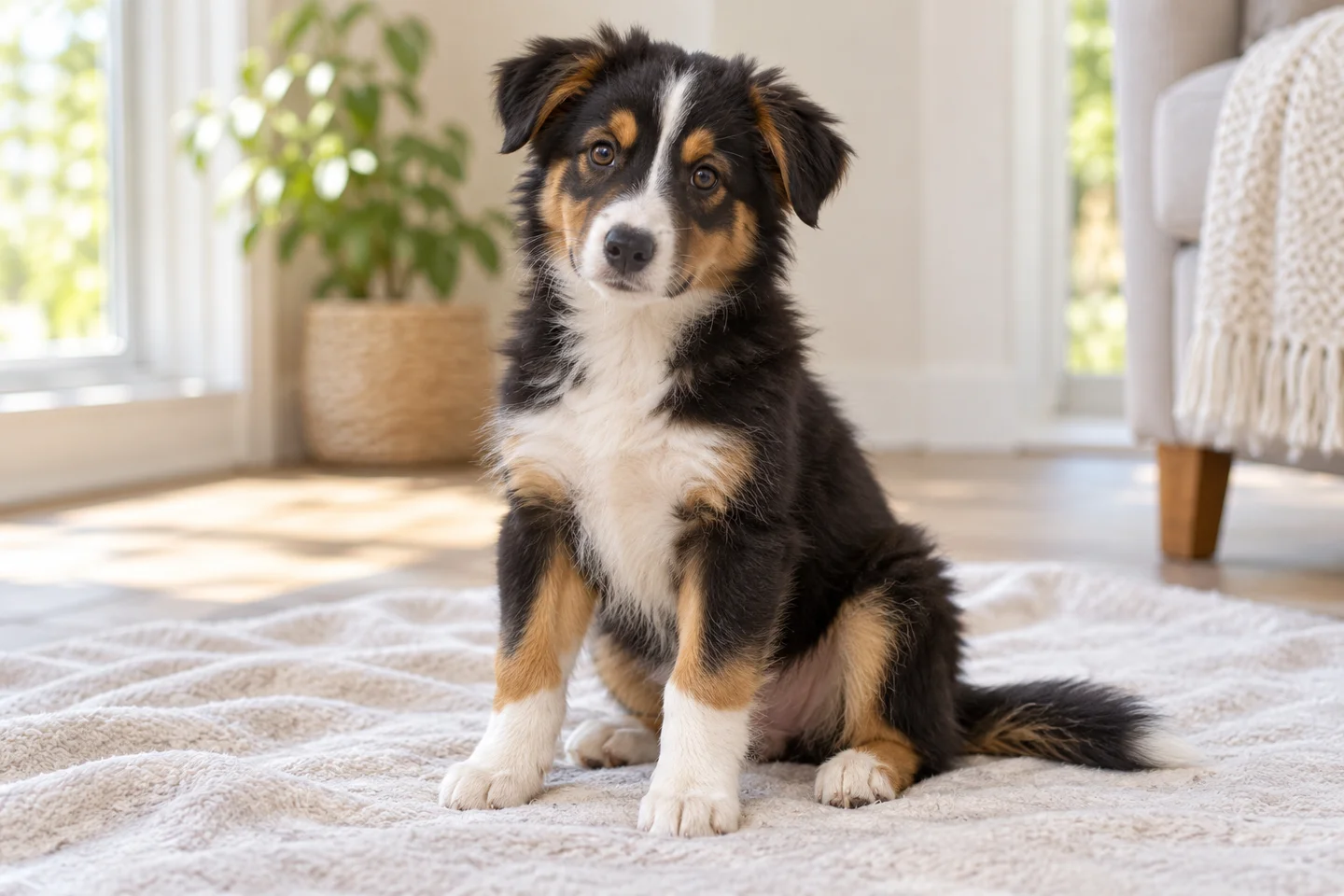 English Shepherd puppy resting on a blanket with natural ears and tail