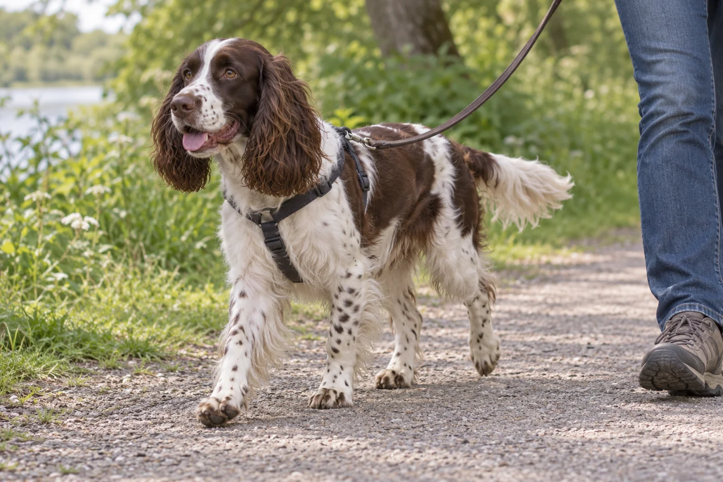 English Springer Spaniel walking beside an adult handler on a quiet path with natural ears and tail