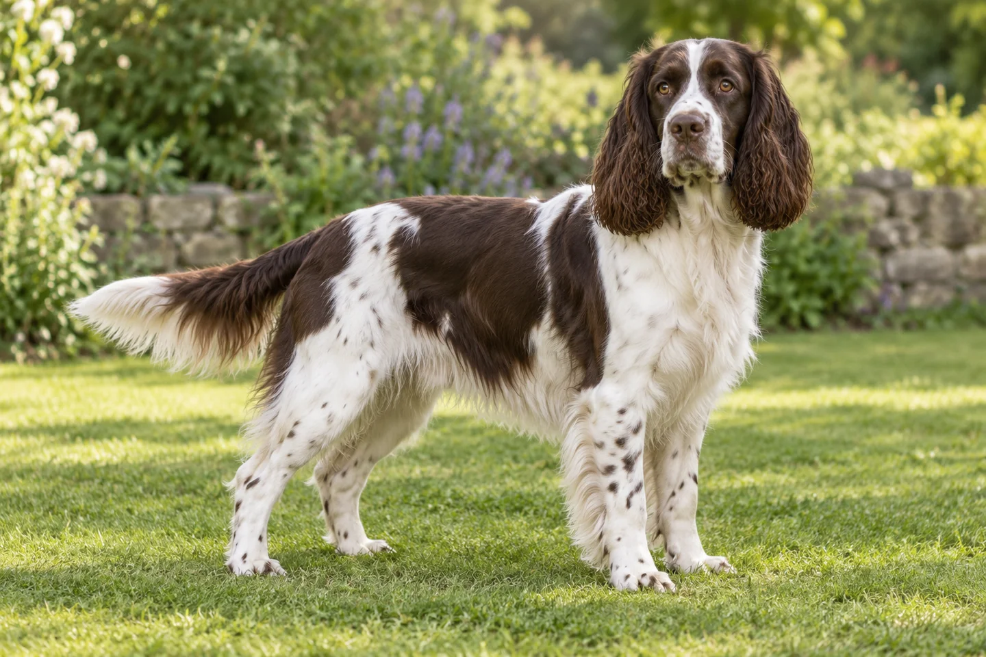 English Springer Spaniel adult standing on grass with natural ears and tail