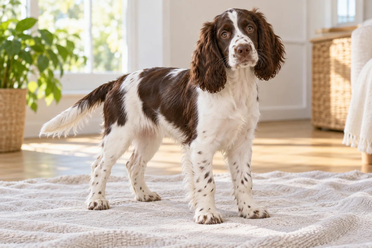 English Springer Spaniel puppy resting on a blanket with natural ears and tail