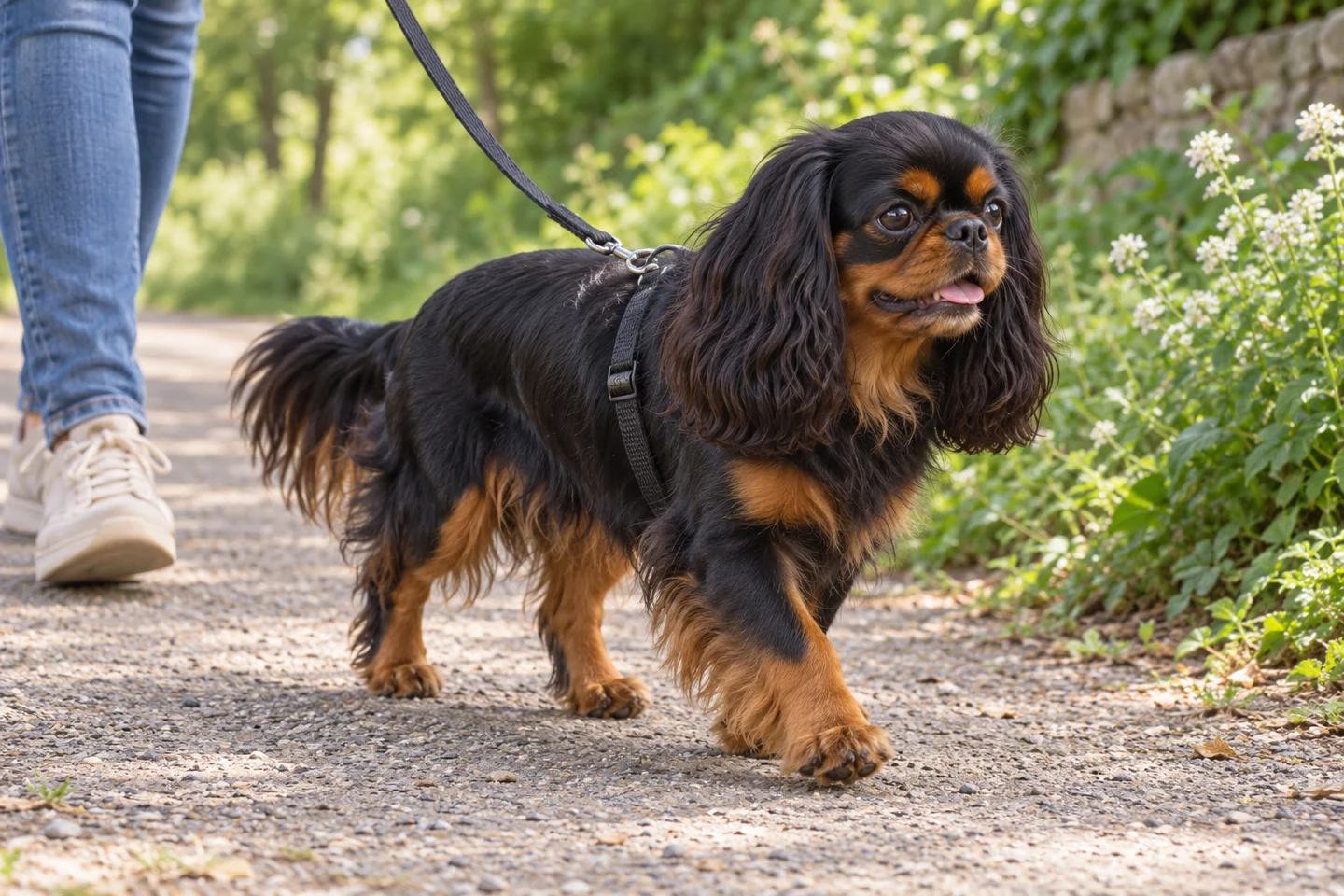 English Toy Spaniel walking beside an adult handler on a quiet path with natural ears and tail