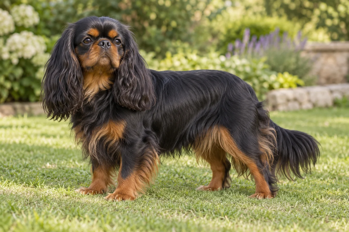 English Toy Spaniel adult standing on grass with natural ears and tail
