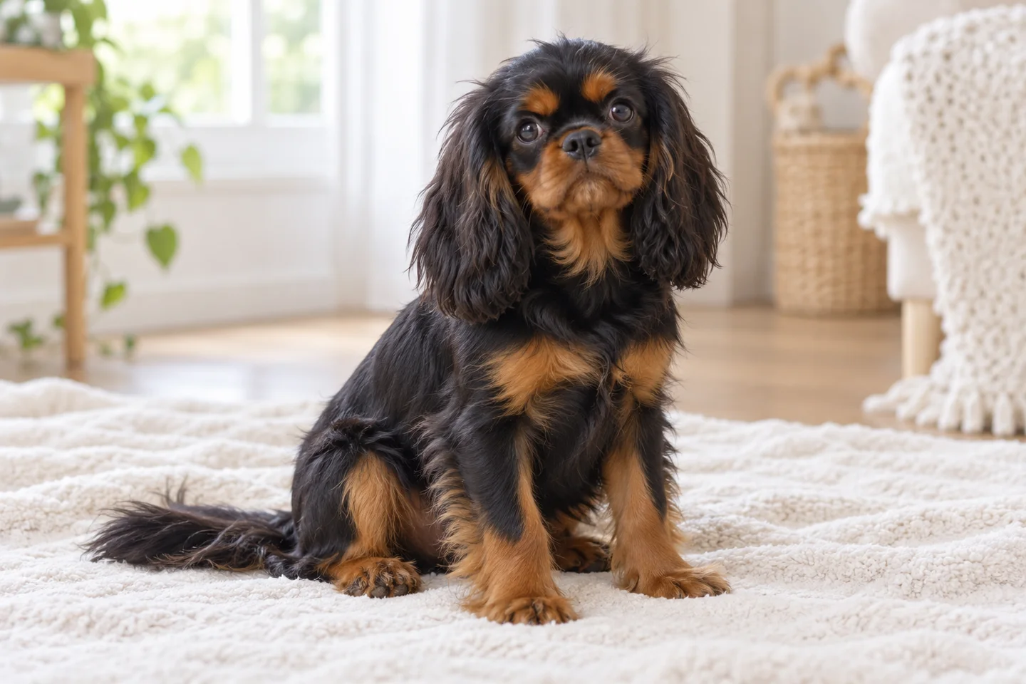 English Toy Spaniel puppy resting on a blanket with natural ears and tail