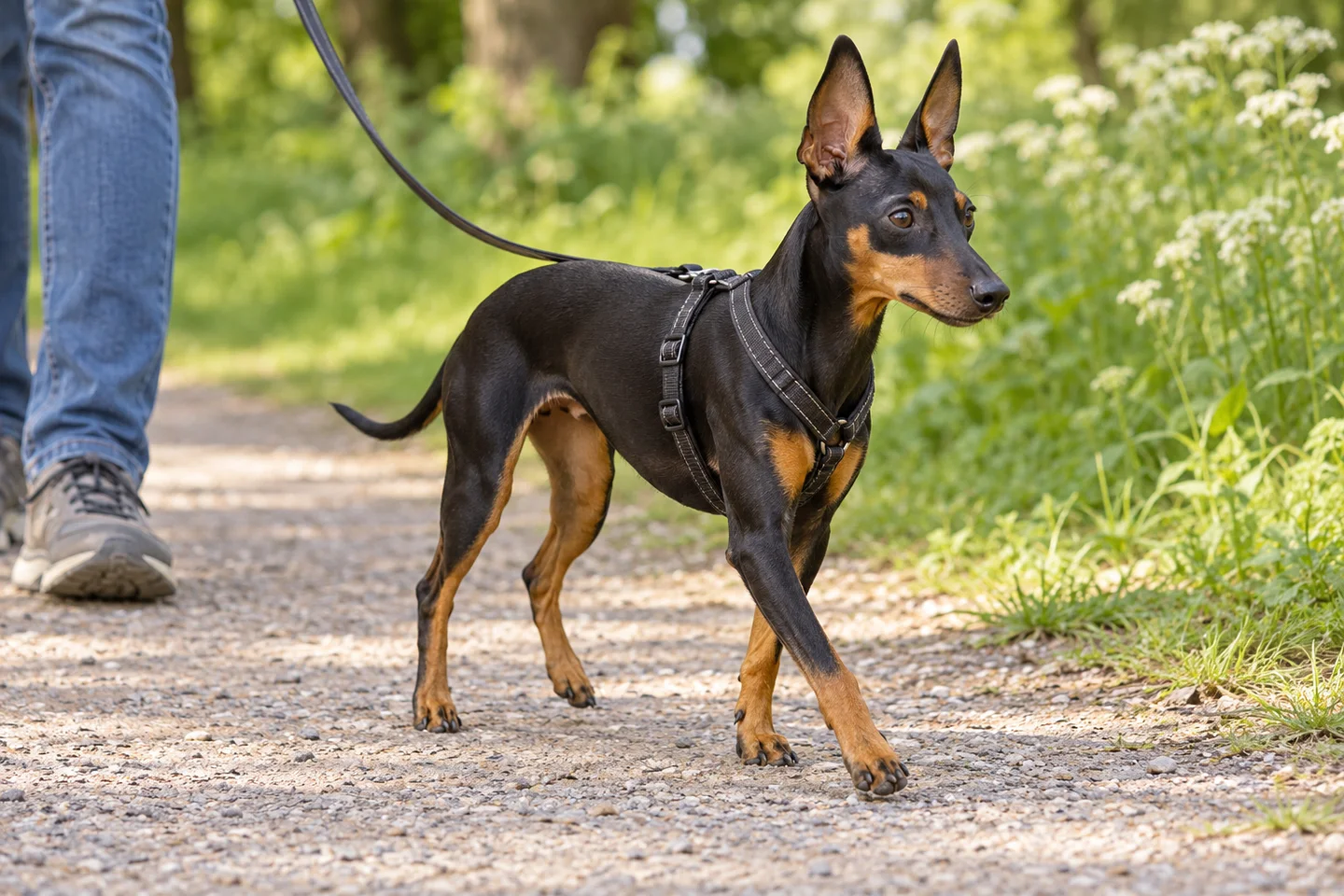 English Toy Terrier walking beside an adult handler on a quiet path with natural ears and tail