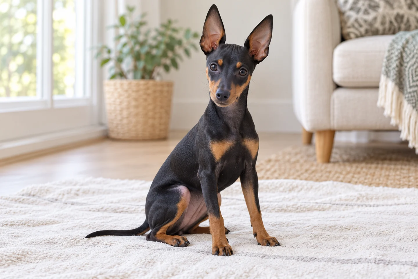 English Toy Terrier puppy resting on a blanket with natural ears and tail