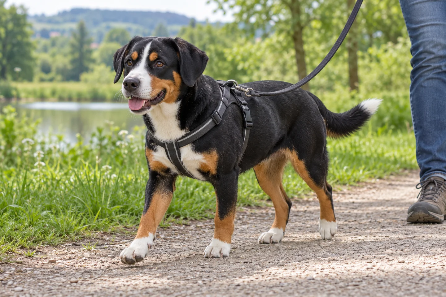 Entlebucher Mountain Dog walking beside an adult handler on a quiet path with natural ears and tail
