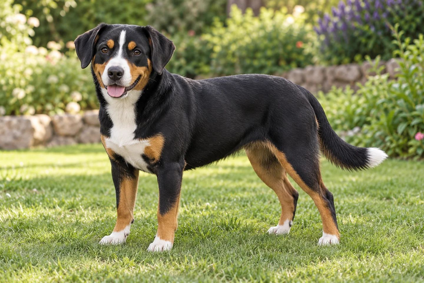 Entlebucher Mountain Dog adult standing on grass with natural ears and tail