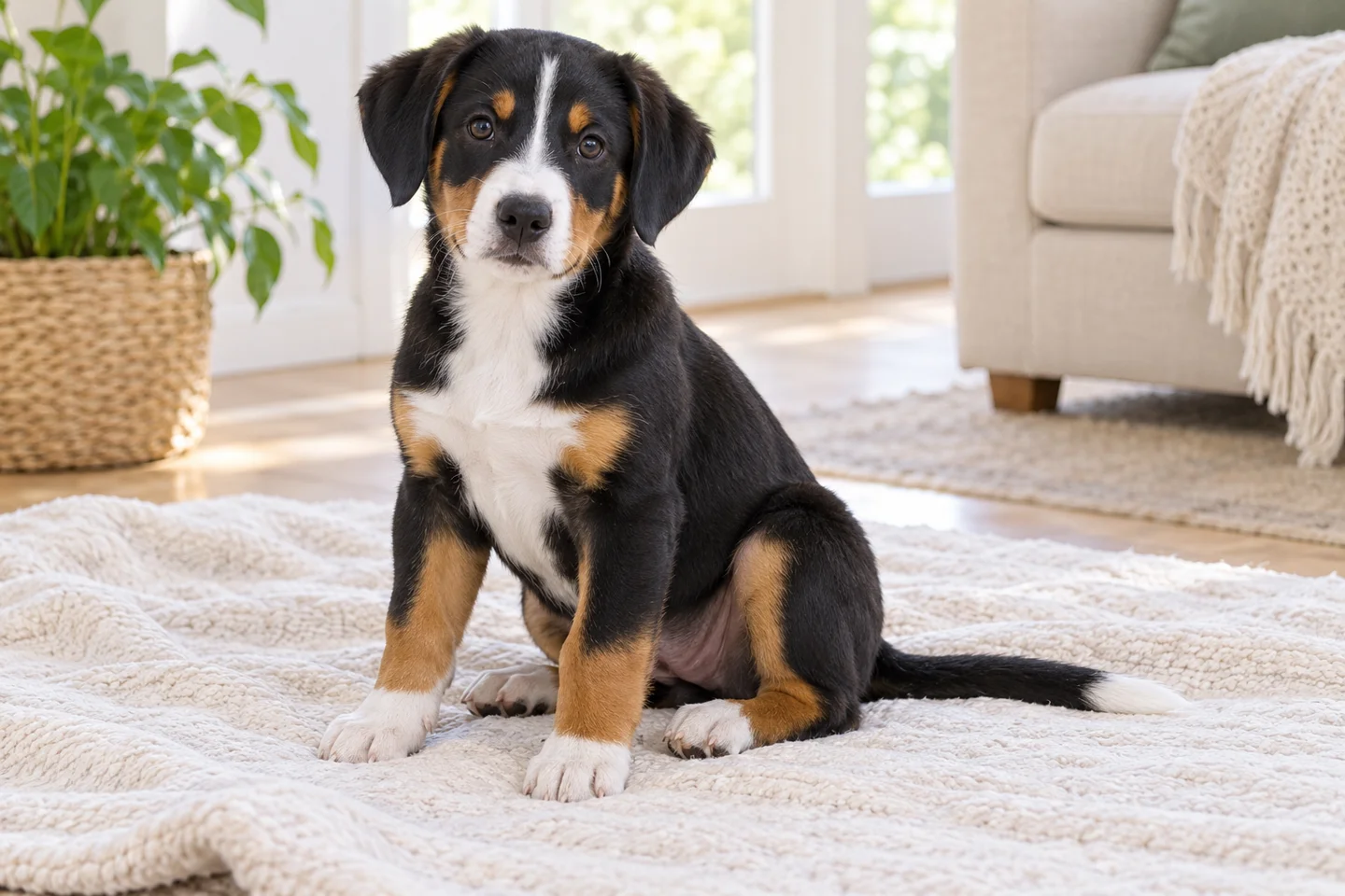Entlebucher Mountain Dog puppy resting on a blanket with natural ears and tail