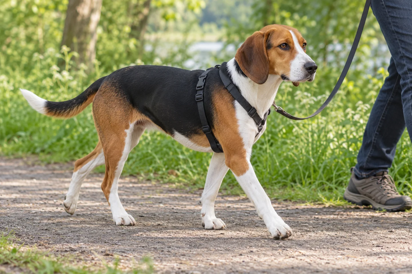 Estonian Hound walking beside an adult handler on a quiet path with natural ears and tail