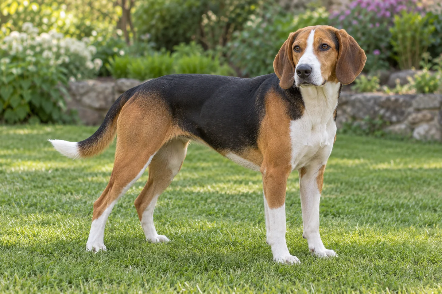 Estonian Hound adult standing on grass with natural ears and tail