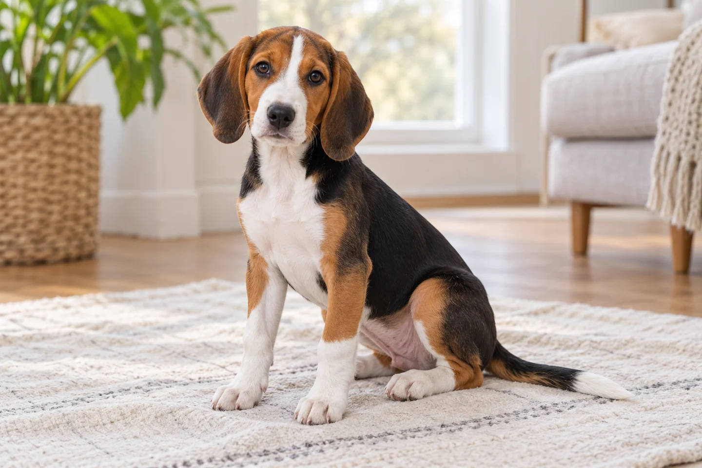Estonian Hound puppy resting on a blanket with natural ears and tail