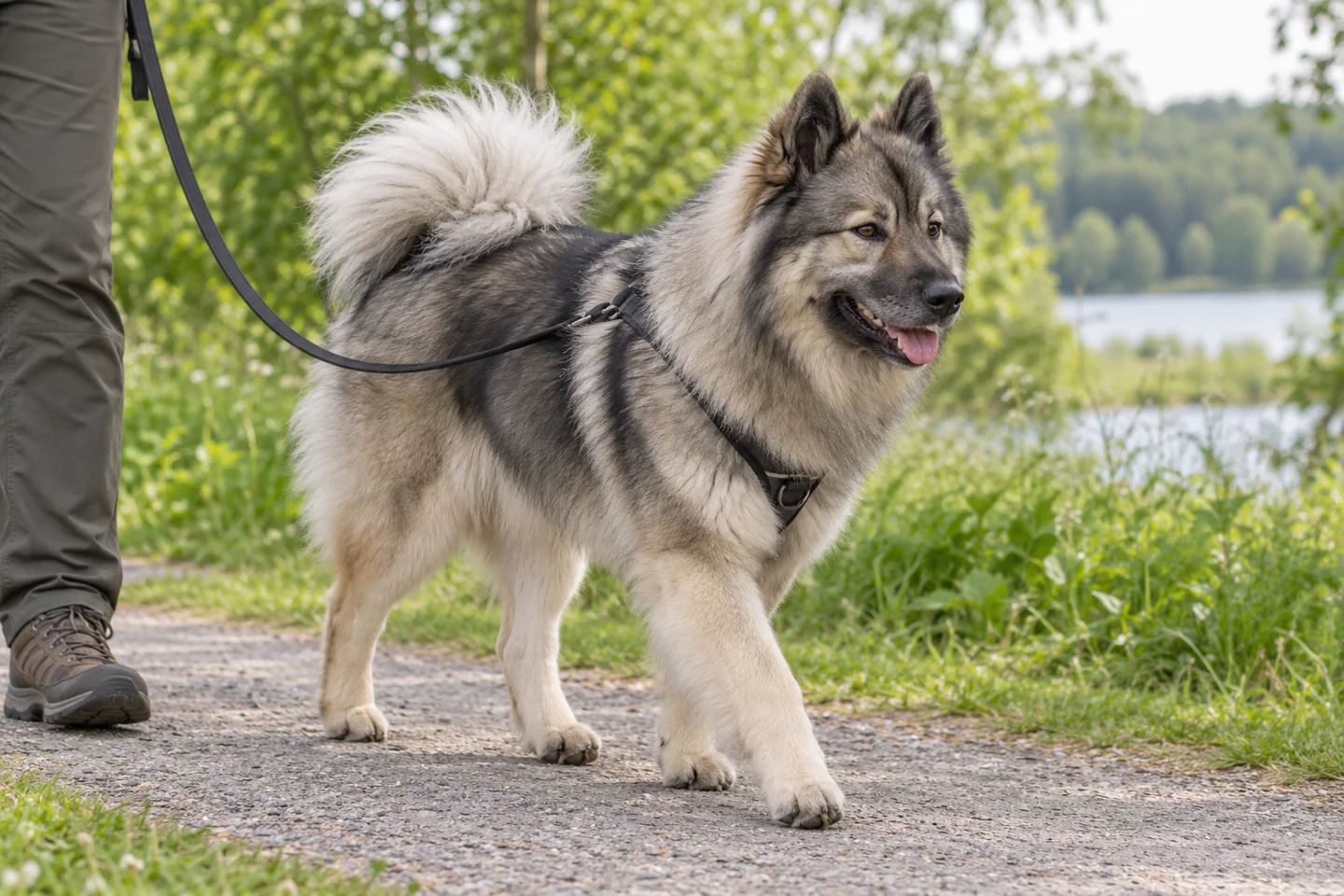 Eurasier walking beside an adult handler on a quiet path with natural ears and tail
