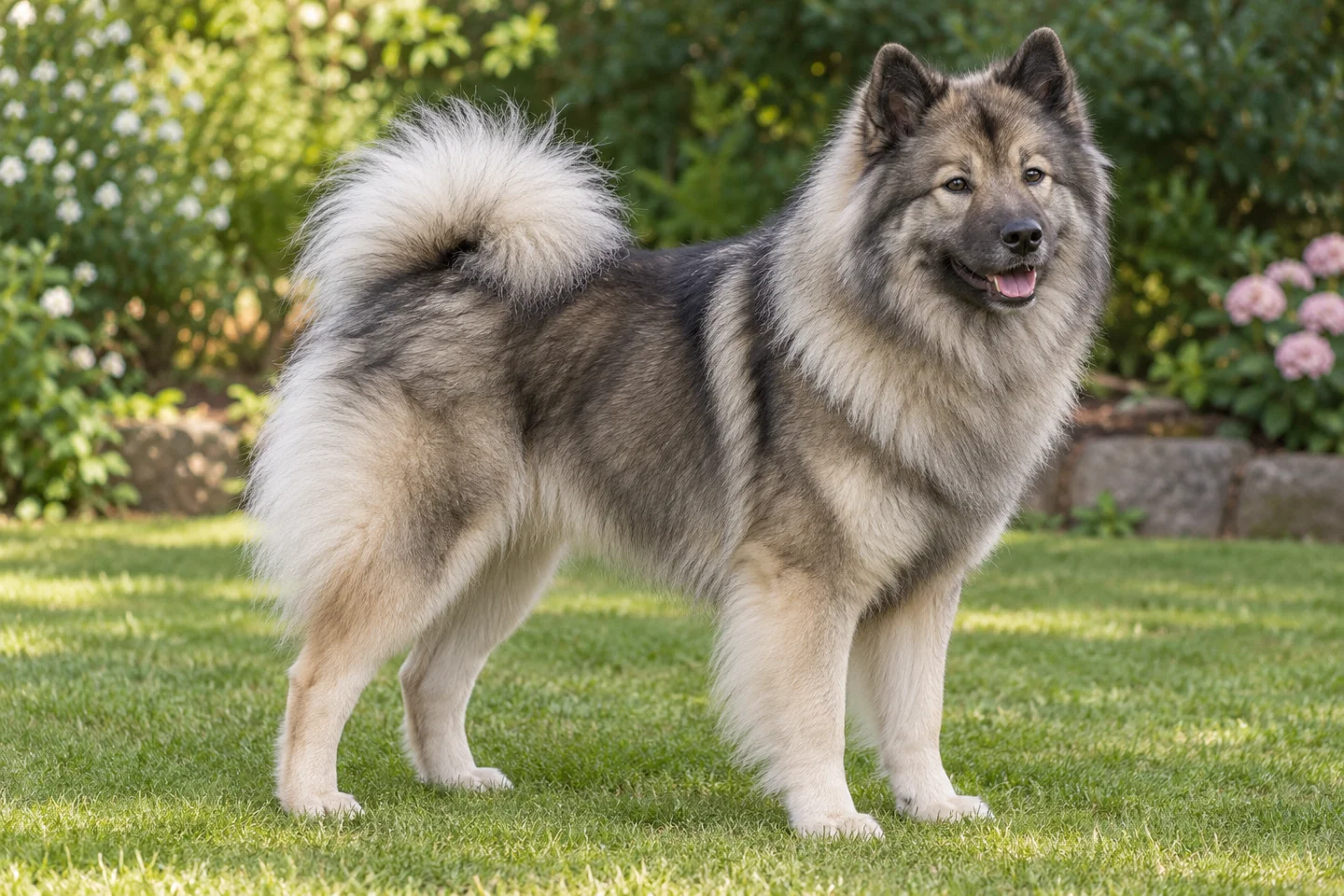 Eurasier adult standing on grass with natural ears and tail