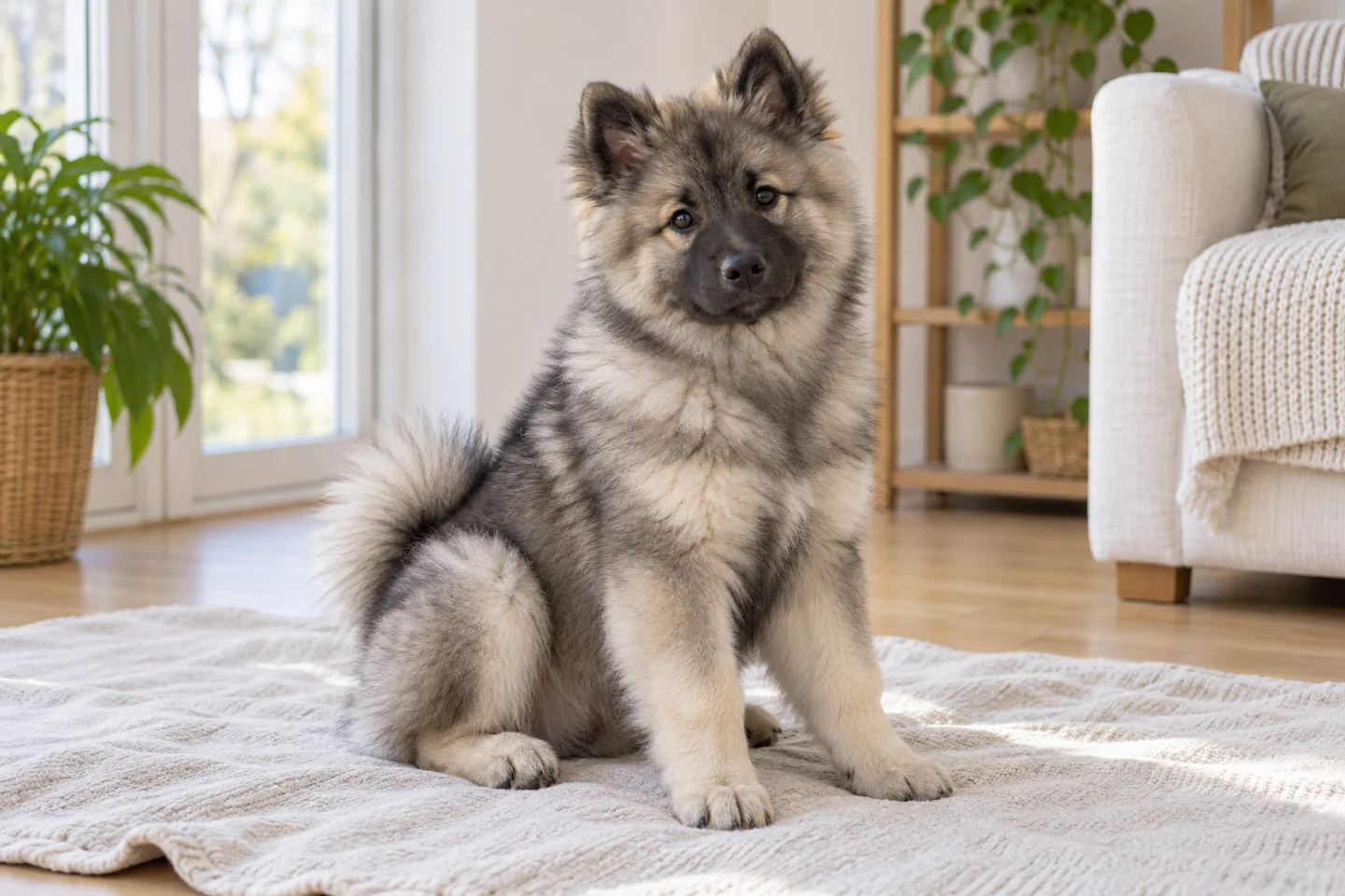 Eurasier puppy resting on a blanket with natural ears and tail