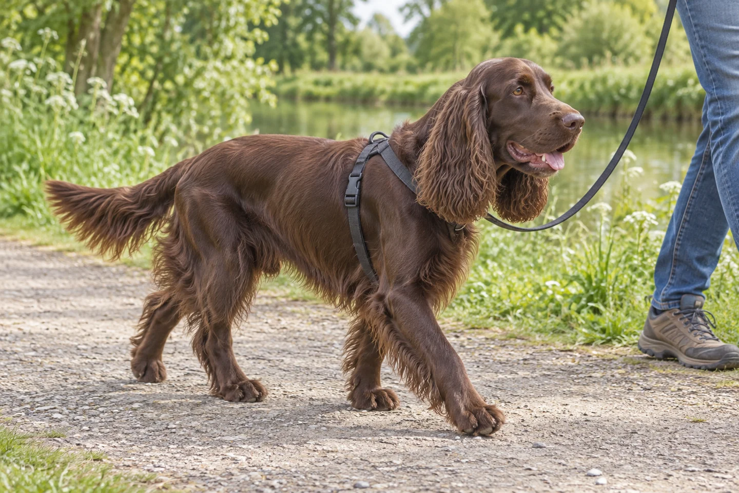 Field Spaniel walking beside an adult handler on a quiet path with natural ears and tail