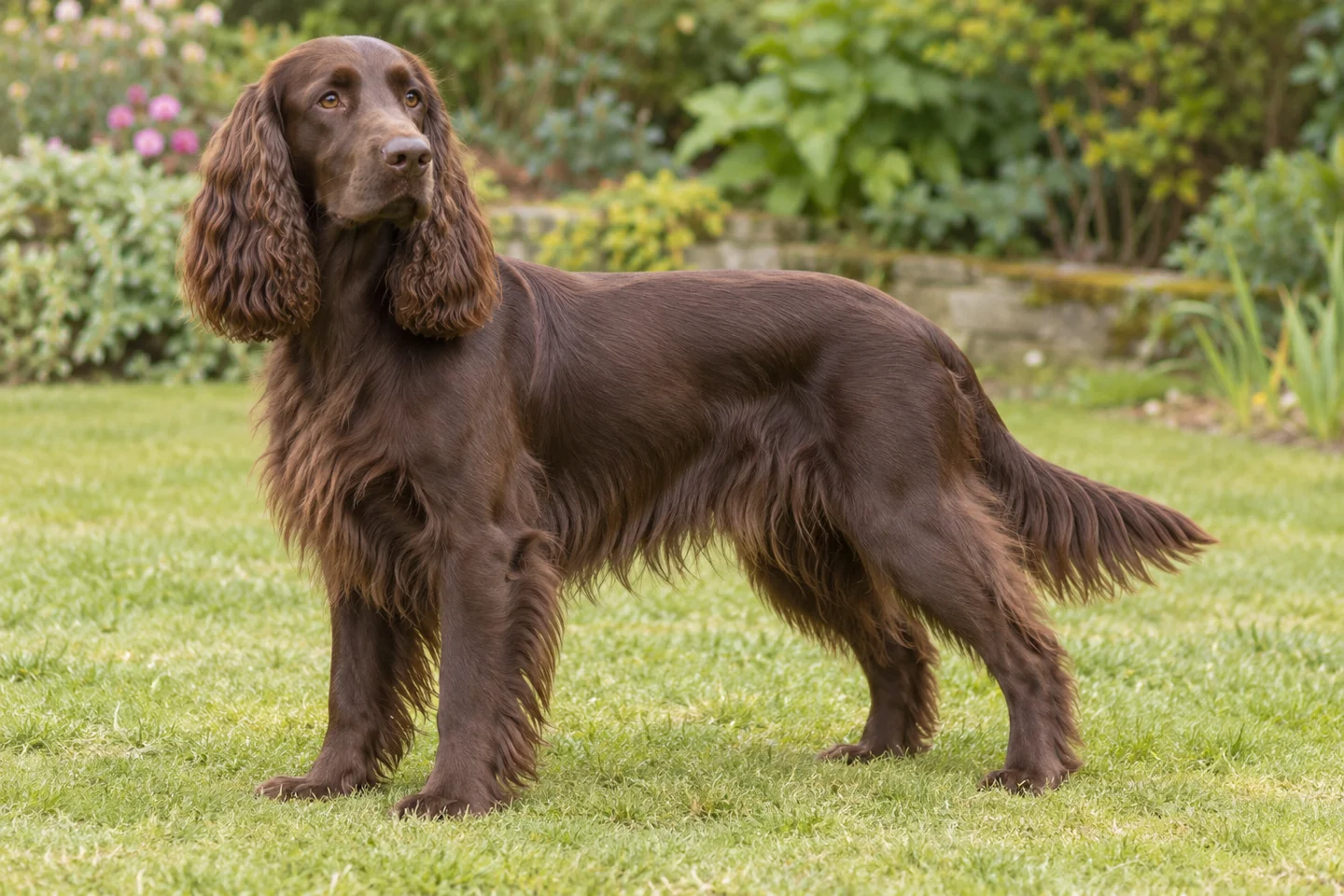 Field Spaniel adult standing on grass with natural ears and tail