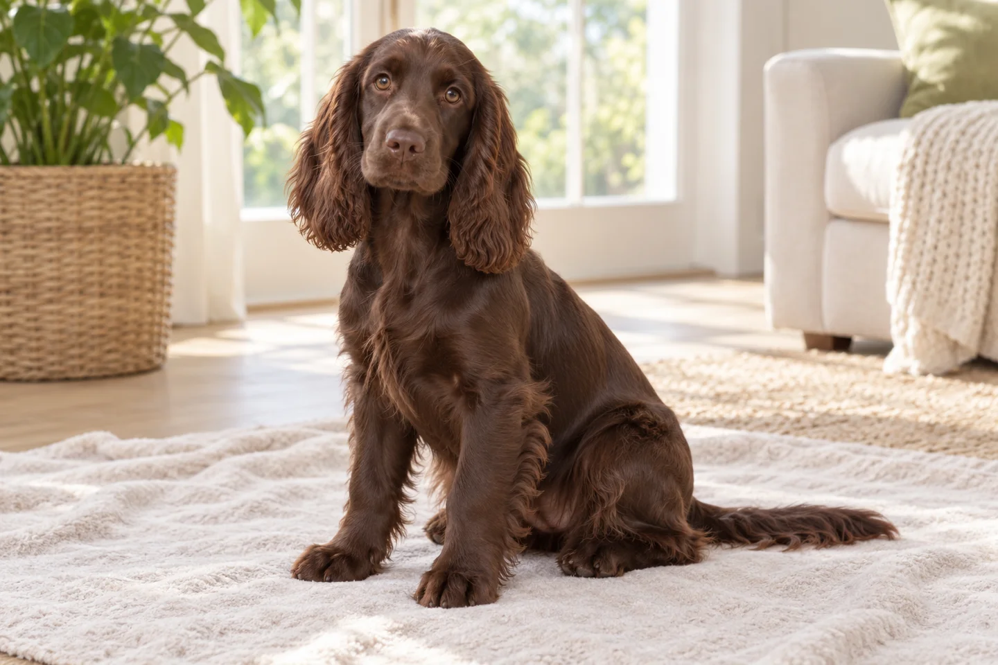 Field Spaniel puppy resting on a blanket with natural ears and tail