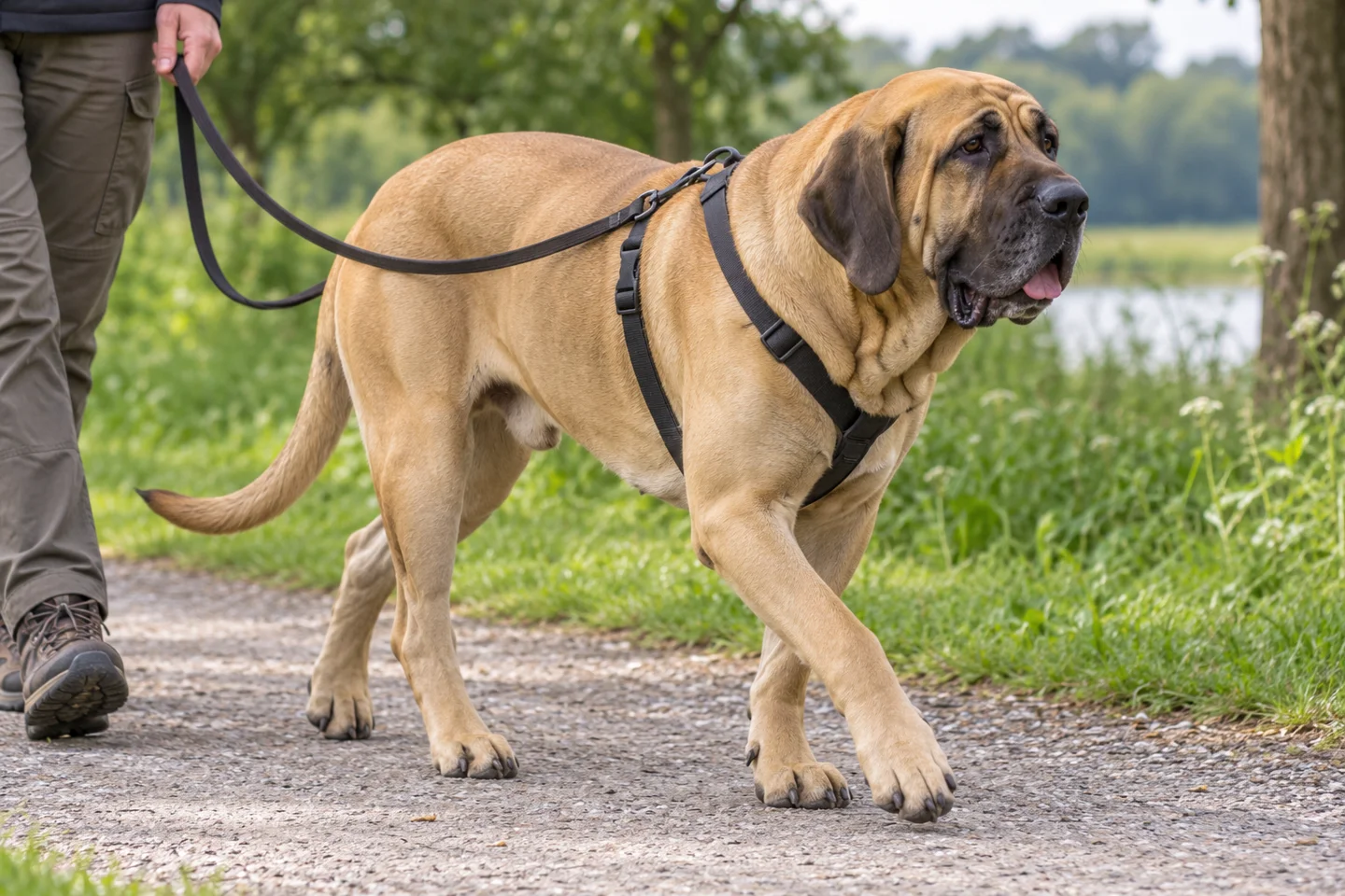 Fila Brasileiro walking beside an adult handler on a quiet path with natural ears and tail