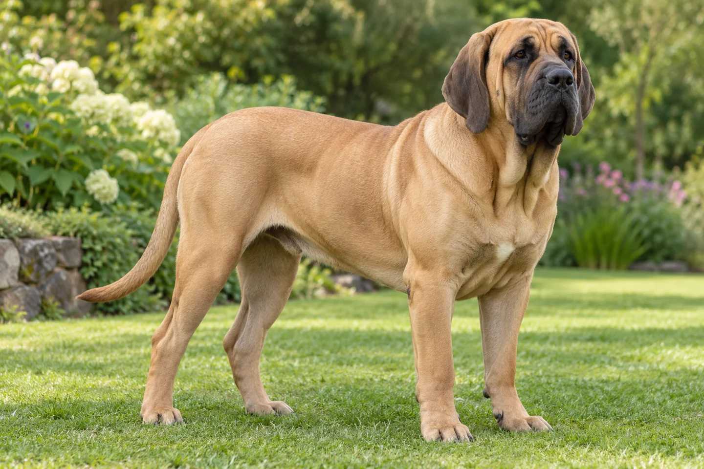 Fila Brasileiro adult standing on grass with natural ears and tail
