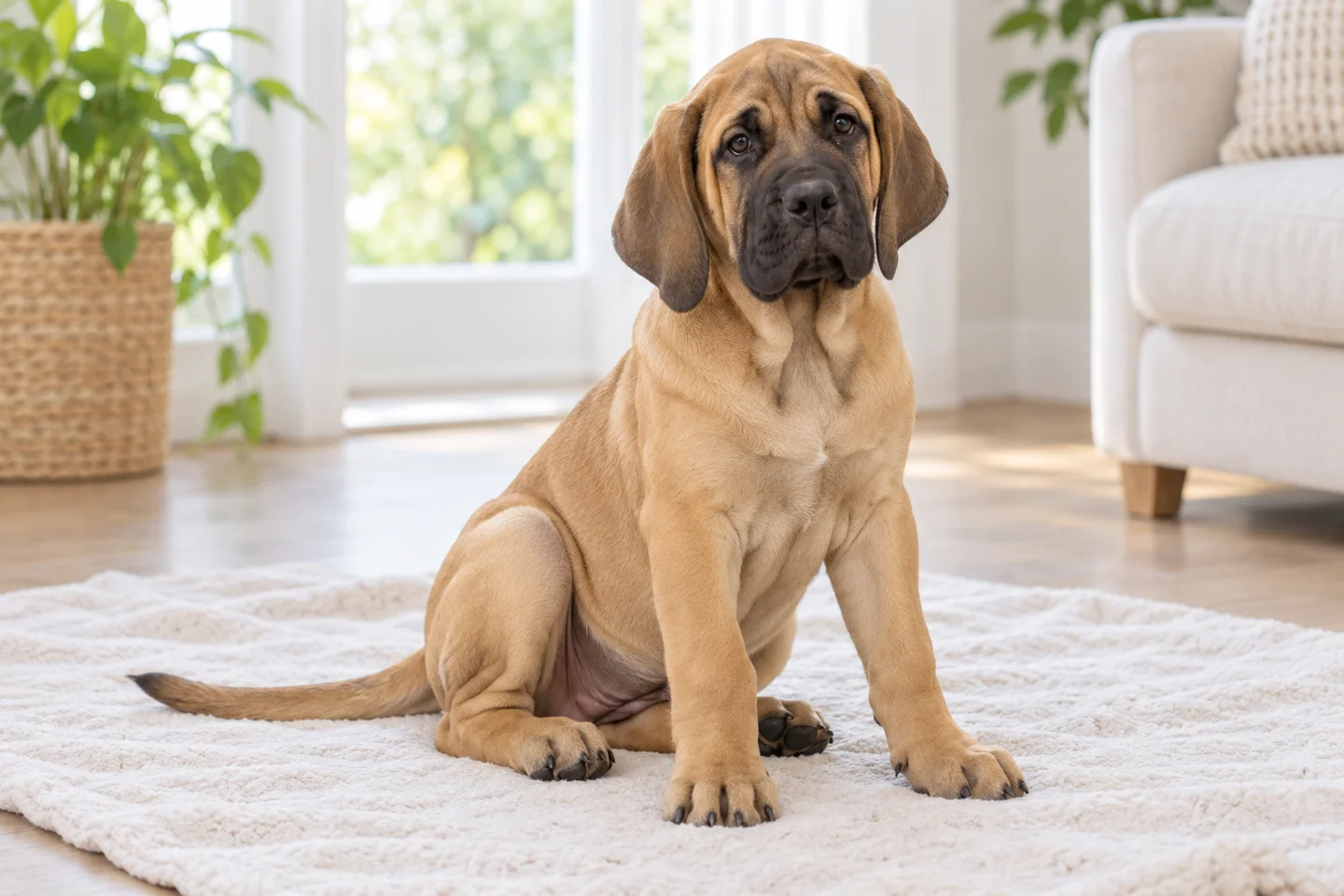 Fila Brasileiro puppy resting on a blanket with natural ears and tail