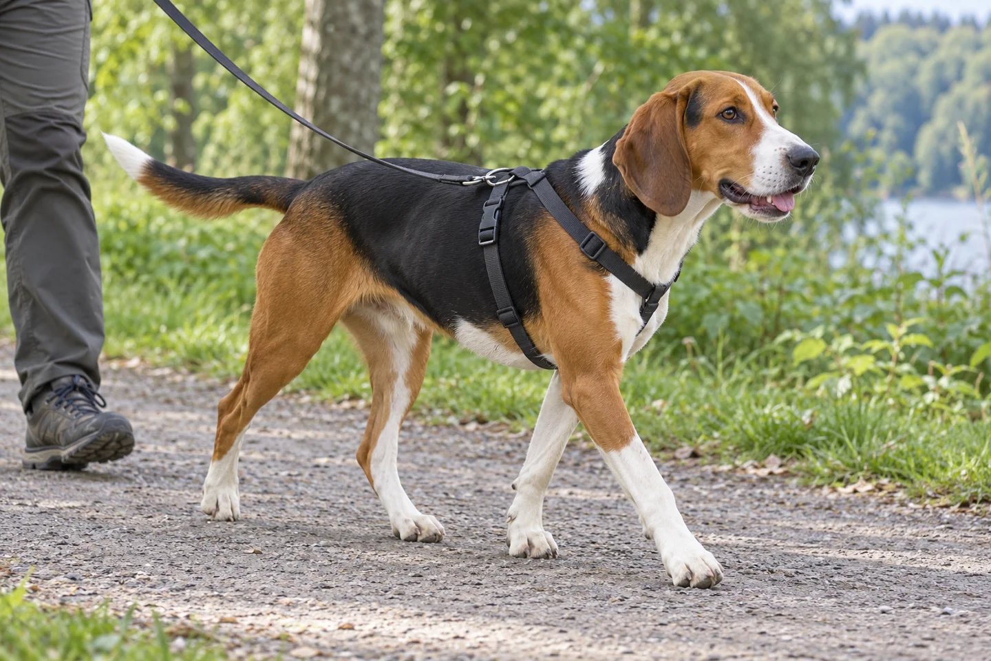 Finnish Hound walking beside an adult handler on a quiet path with natural ears and tail
