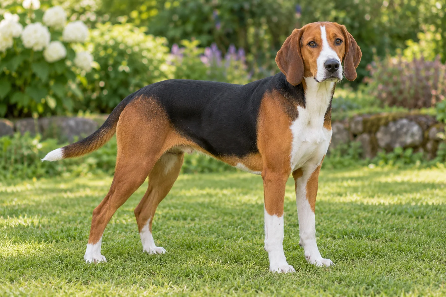Finnish Hound adult standing on grass with natural ears and tail