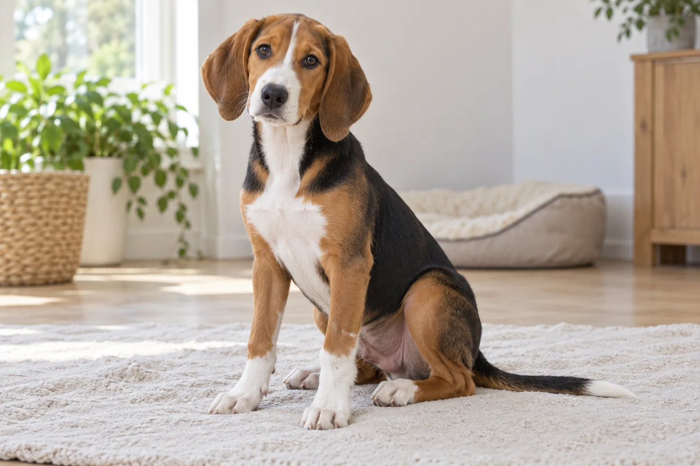Finnish Hound puppy resting on a blanket with natural ears and tail