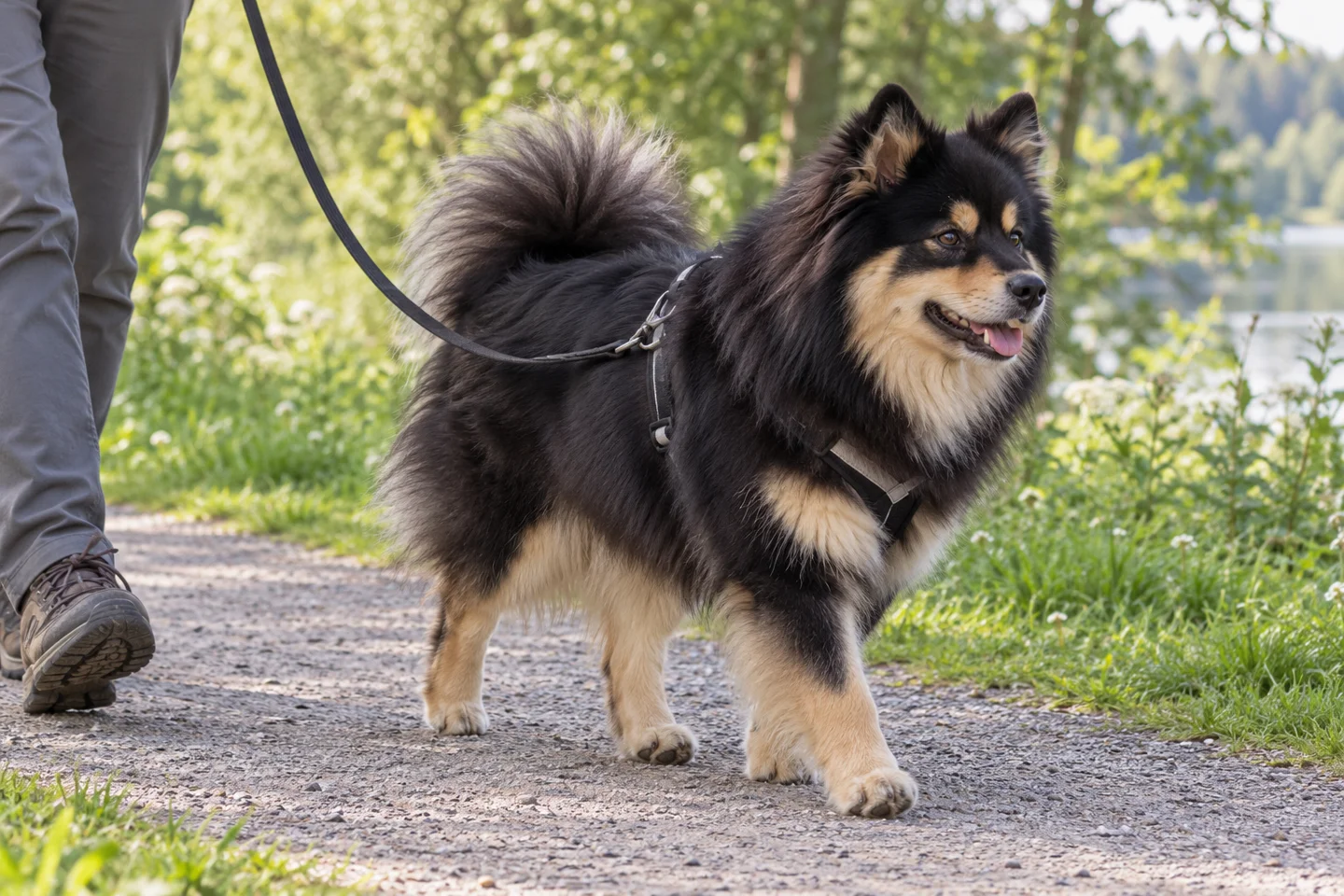 Finnish Lapphund walking beside an adult handler on a quiet path with natural ears and tail