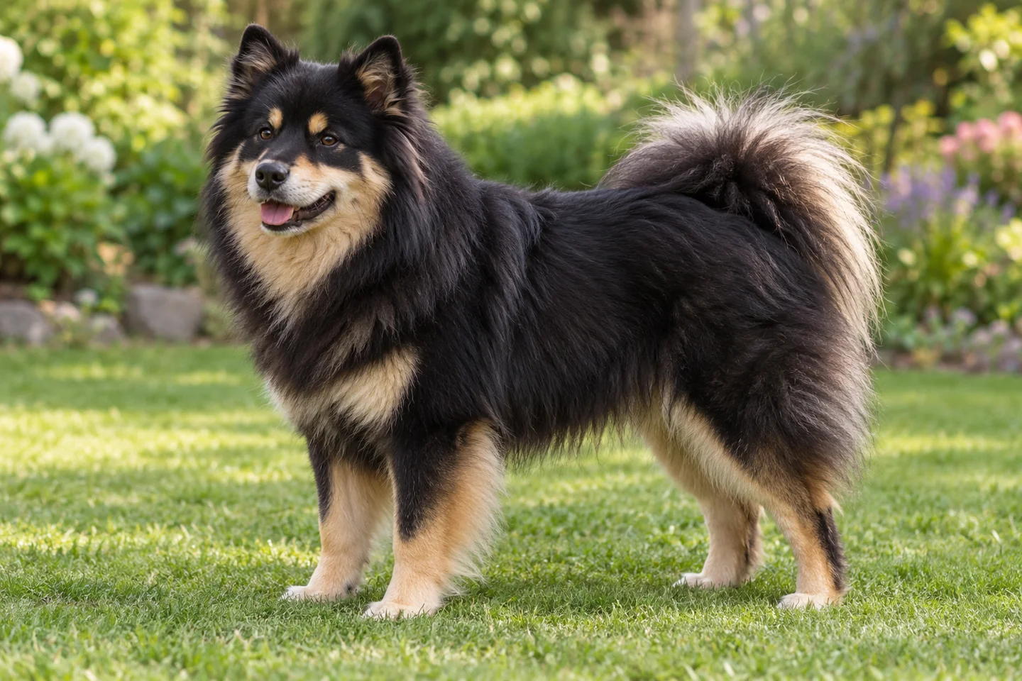 Finnish Lapphund adult standing on grass with natural ears and tail