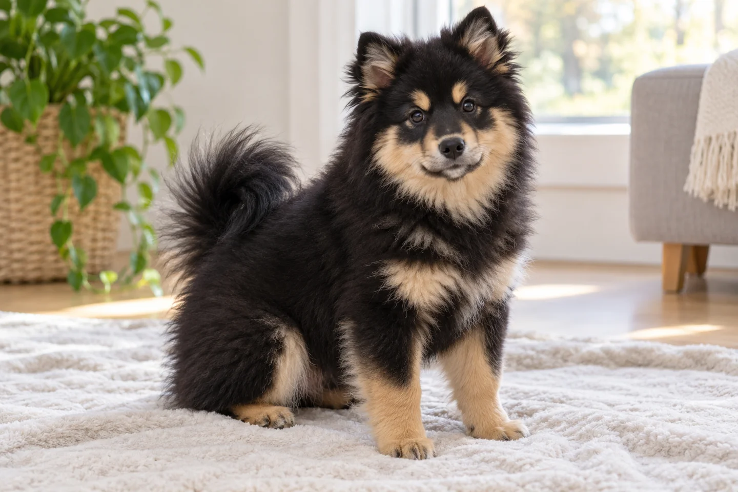 Finnish Lapphund puppy resting on a blanket with natural ears and tail