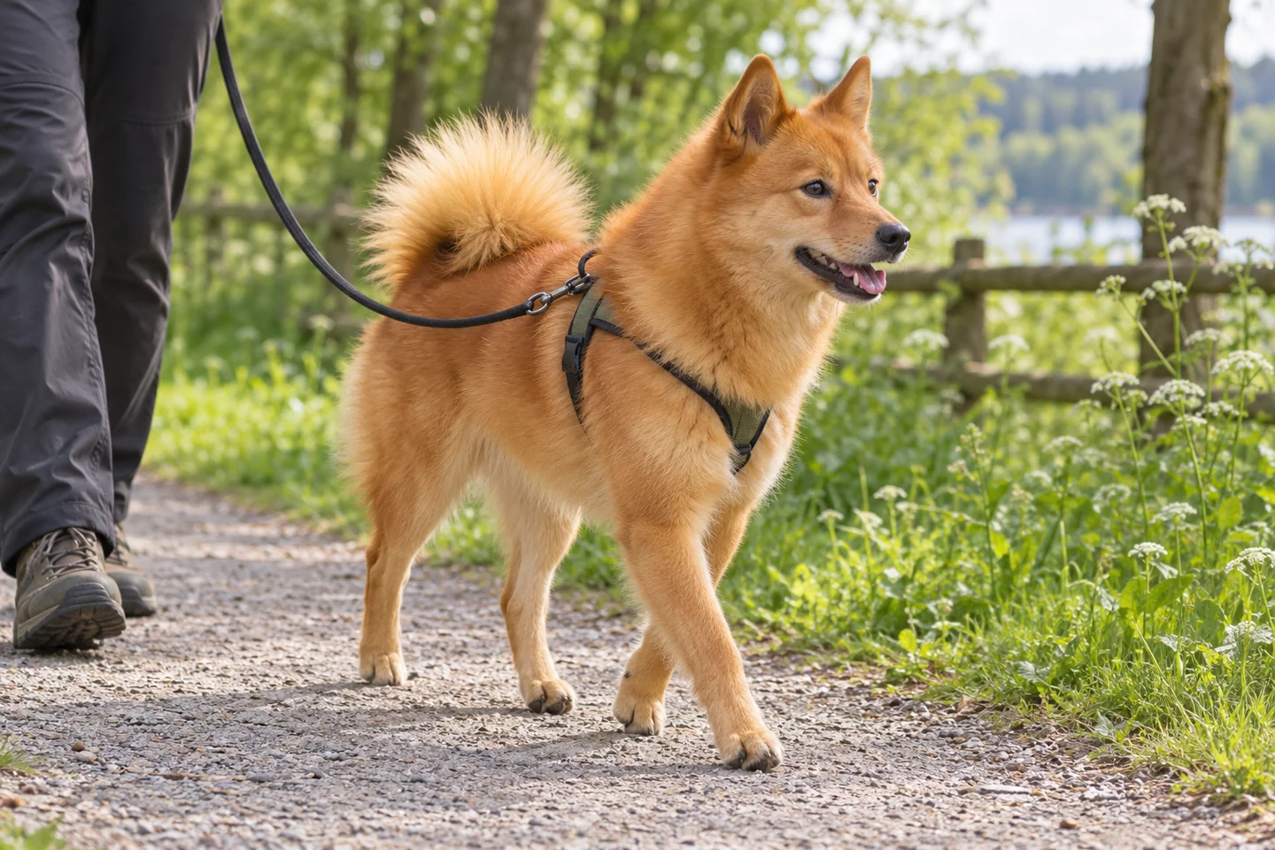 Finnish Spitz walking beside an adult handler on a quiet path with natural ears and tail