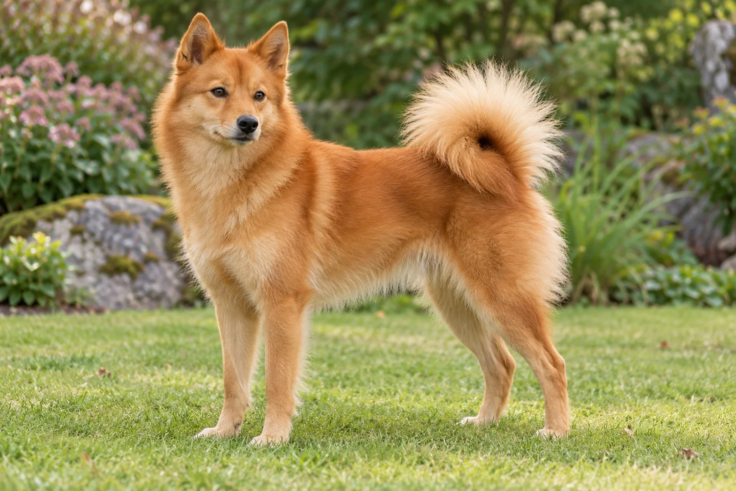 Finnish Spitz adult standing on grass with natural ears and tail